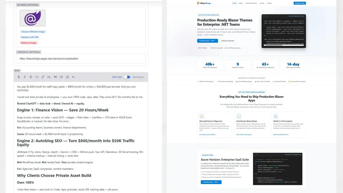 Documentation and guides for BlazorForge — a production-ready Blazor WebAssembly theme for .NET developers. Full C# source code, Decap CMS, Microsoft Fluent 2 design system, WCAG 2.1 AA accessible.